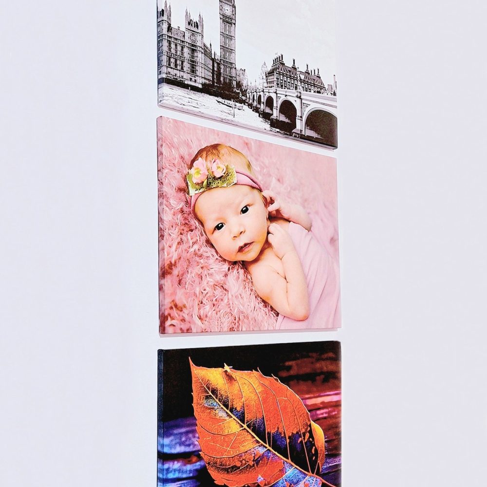 Turn your photos into timeless wall art with canvas or wood prints. Stretched canvas or block-mounted wooden panels available.